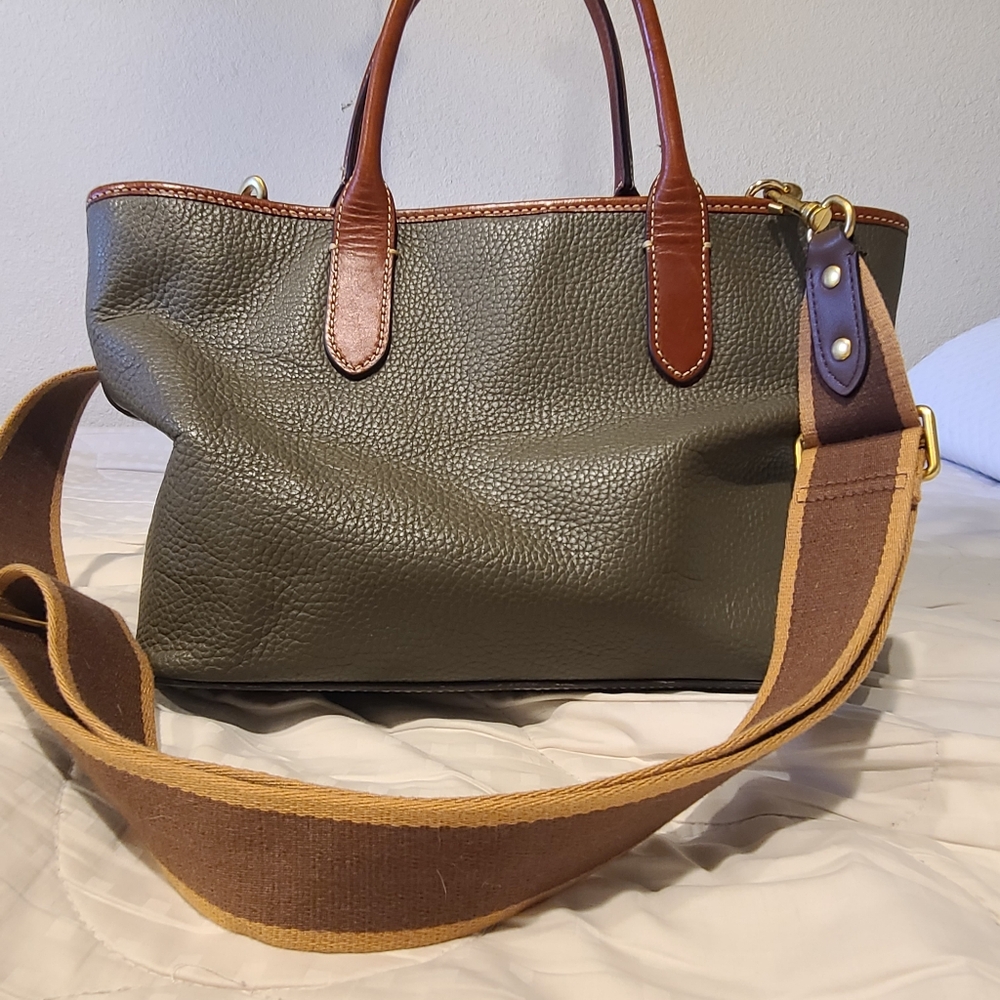 Dooney & Bourke Olive Green Pebbled Leather Tote with Brown Trim - Picture 4 of 4